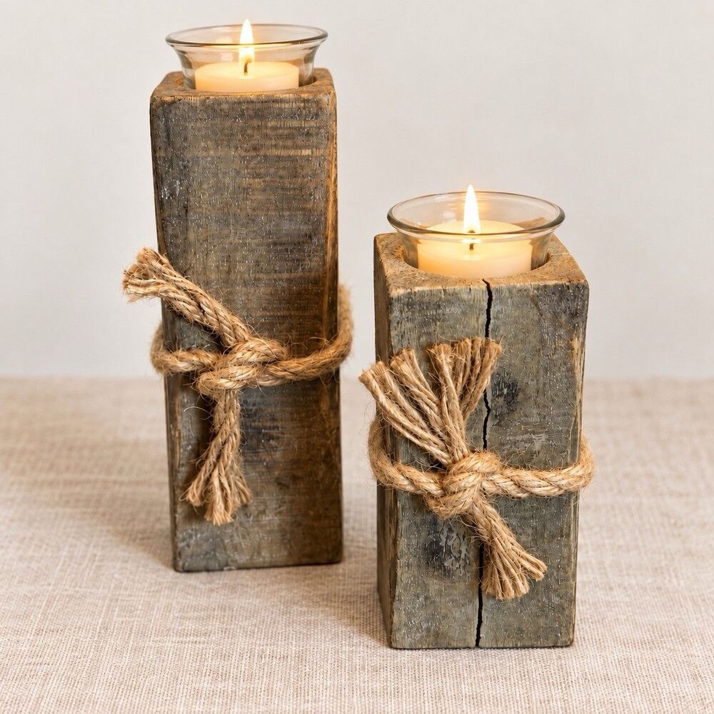 Hobby Lobby Rustic Wood Glass Tealight Candle Holders Set of 2 Beach Boho Decor
